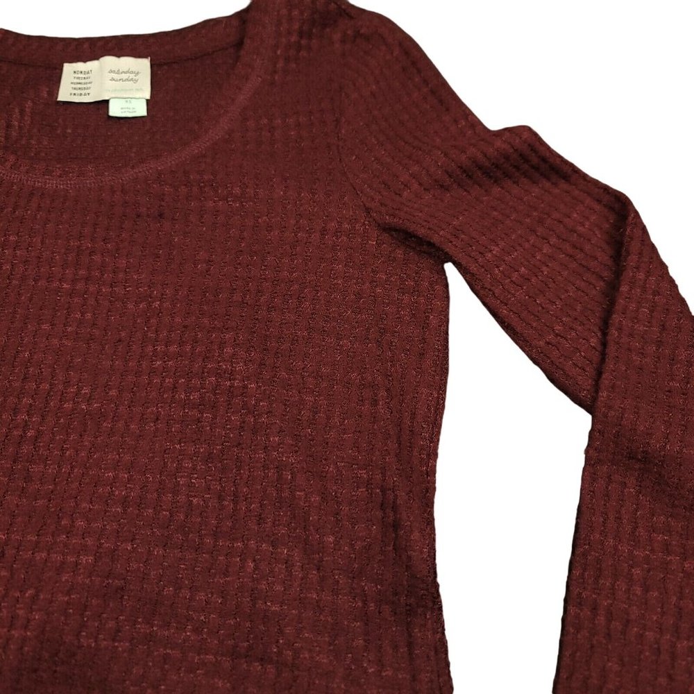Anthropologie Saturday Sunday Womens XS Oversized Waffle Knit Tunic Top Maroon - Picture 4 of 12